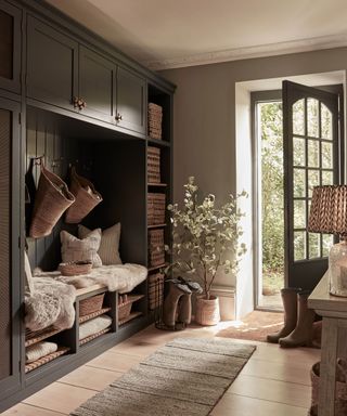 painted grey hallway closet with storage baskets and glass door