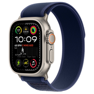 Apple Watch Ultra 2 in Natural Titanium colourway and blue trail loop strap on white background