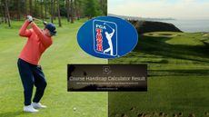 A golfer at the top of their backswing, Torrey Pines' par 3 third hole, a PGA Tour logo and an inset from the USGA handicap calculator