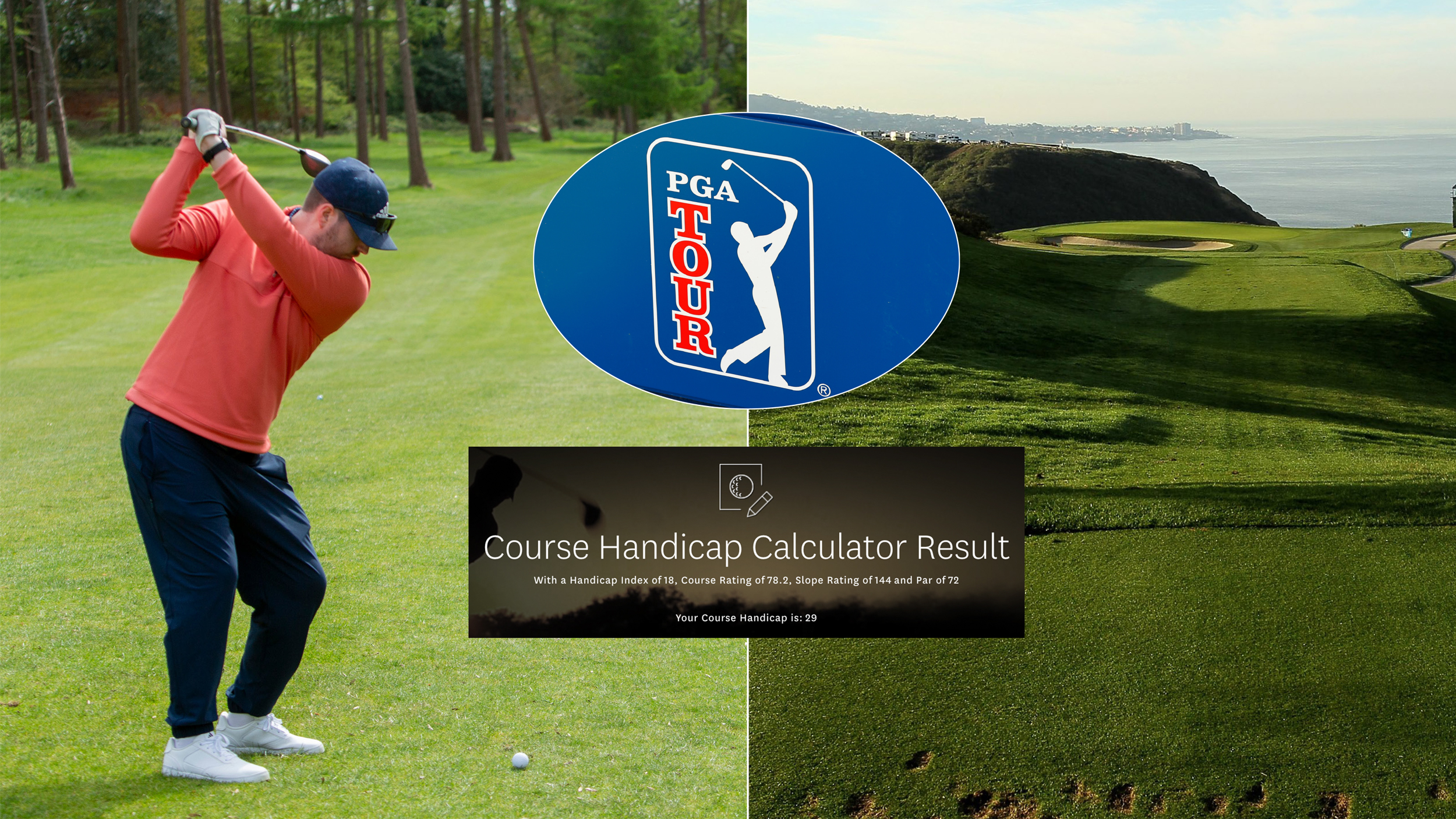 A golfer at the top of their backswing, Torrey Pines' par 3 third hole, a PGA Tour logo and an inset from the USGA handicap calculator