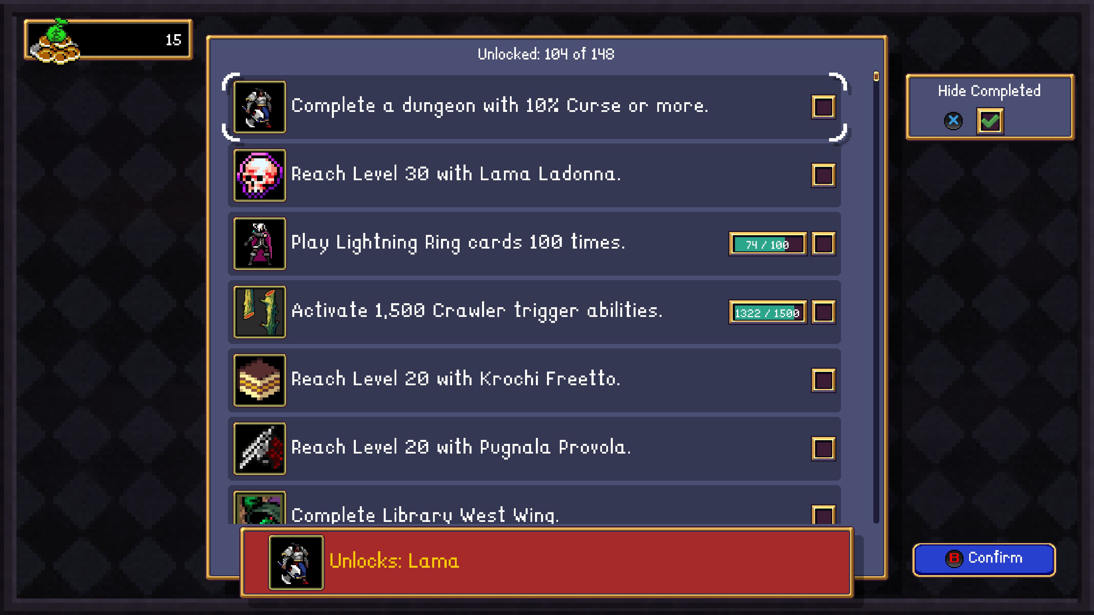 A game achievement screen showing various unlocked tasks. Each task has a checkbox, progress bar, and icon. The button at the bottom confirms selections.