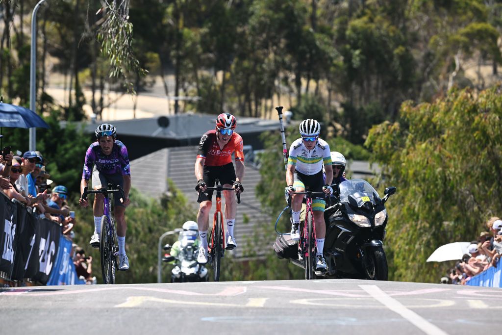 GEELONG AUSTRALIA FEBRUARY 02 LR Chris Harper of Australia and Team JaycoAlula Connor Swift of Great Britain and Team INEOS Grenadiers and Rudy Porter of Australia and ARA Australian Cycling Team compete in the breakaway during the 9th Cadel Evans Great Ocean Road Race 2025 Mens Elite a 1838km one day race from Geelong to Geelong UCIWT on February 02 2025 in Geelong Australia Photo by Dario BelingheriGetty Images