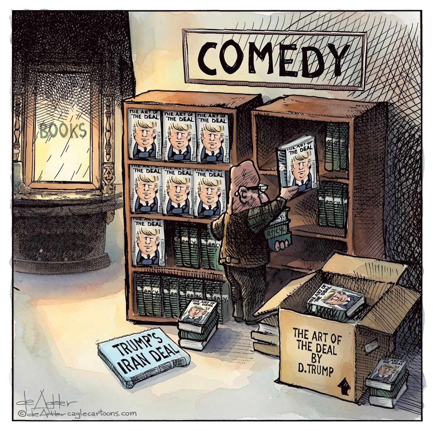 
                                A clerk at a bookstore fills the shelves of a bookcase in the comedy section with copies of “The Art of the Deal” by Donald Trump. A newspaper nearby has a front-page headline that reads, “Trump’s Iran Deal.”
                            