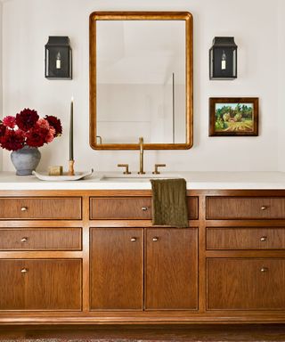 bathroom vanity with reeded wood detailing