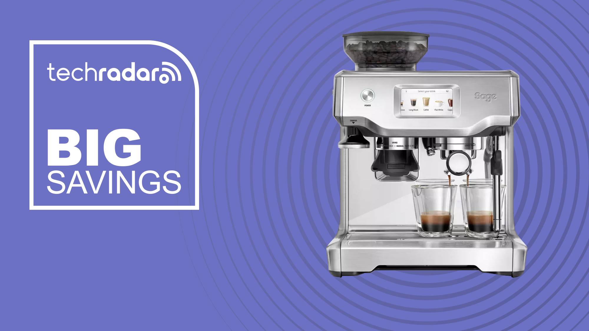 The Sage Barista Touch in front of a purple background featuring the words &#039;TechRadar: big savings&#039;.