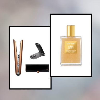 product collage of Tom Ford Soleil Blanc Shimmering Body Oil, Dyson Corrale Hair Straightener in white boxes with black border overlaid a pink, grey, and blue border