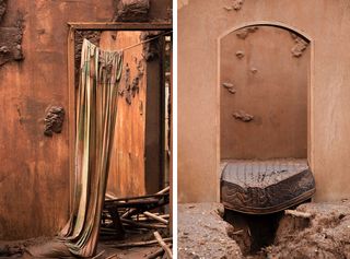 Left: brown curtain hanging in a doorway in the backlands. Right: a mattress jammed into a doorway acting as a bridge across unstable ground