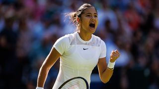 Emma Raducanu in action at Wimbledon 2022