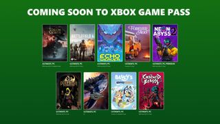 Green Xbox Game Pass banner promotes upcoming games with two rows of colorful cover art, including Battlefield 6, Echo Weaver, and Neon Abyss 2.