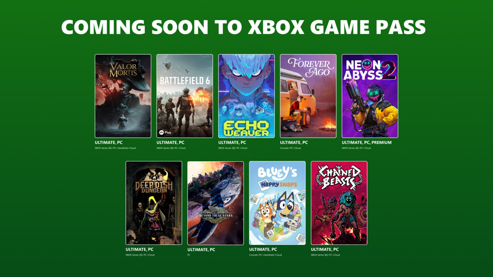 Green Xbox Game Pass banner promotes upcoming games with two rows of colorful cover art, including Battlefield 6, Echo Weaver, and Neon Abyss 2.