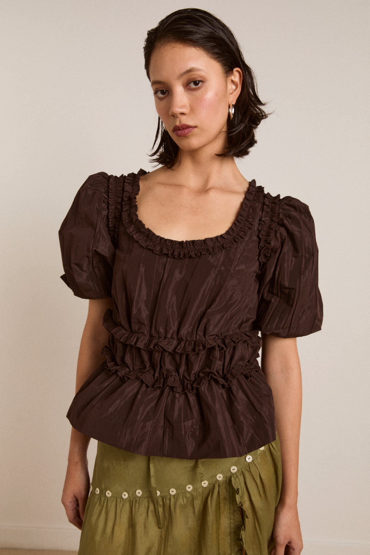 Everly Ruffle Blouse - Choc Taffeta