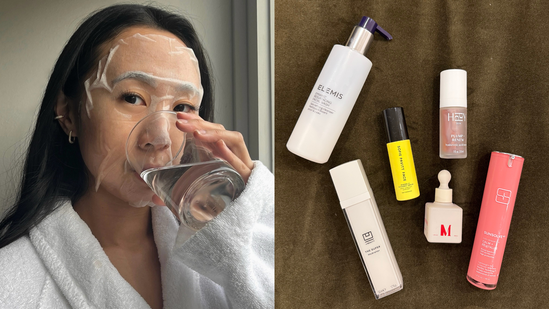 Photo of creator @leatngu wearing a sheet mask and Jamie Schneider's repeat skincare products