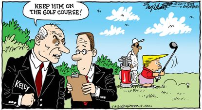 Political cartoon U.S. Trump John Kelly golf