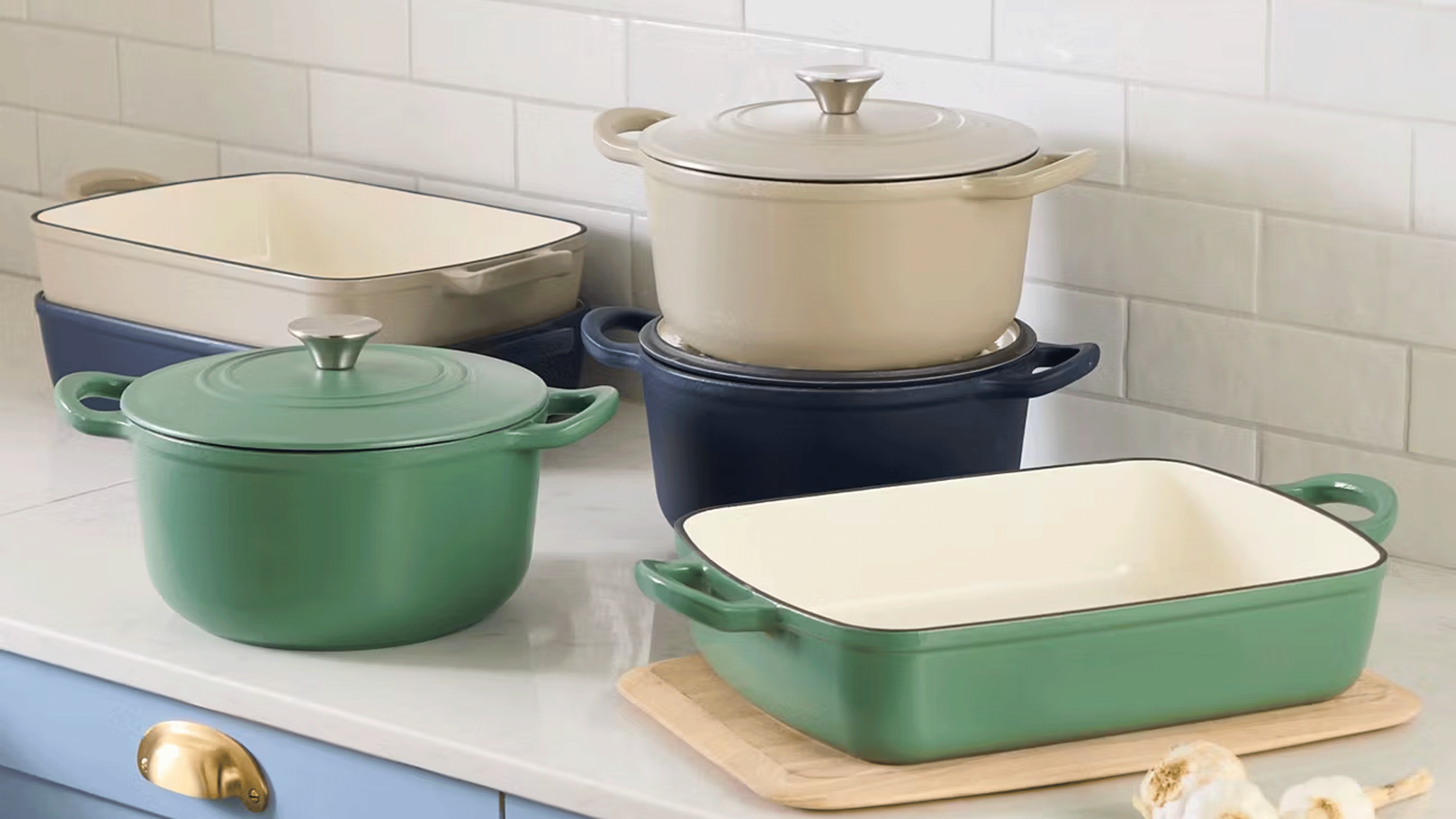 Aldi cast iron dishes on a blue kitchen countertop