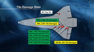 This NASA graphic released May 19, 2011 shows the location of damaged tiles on the belly of space shuttle Endeavour caused by debris during its May 16 launch into orbit.