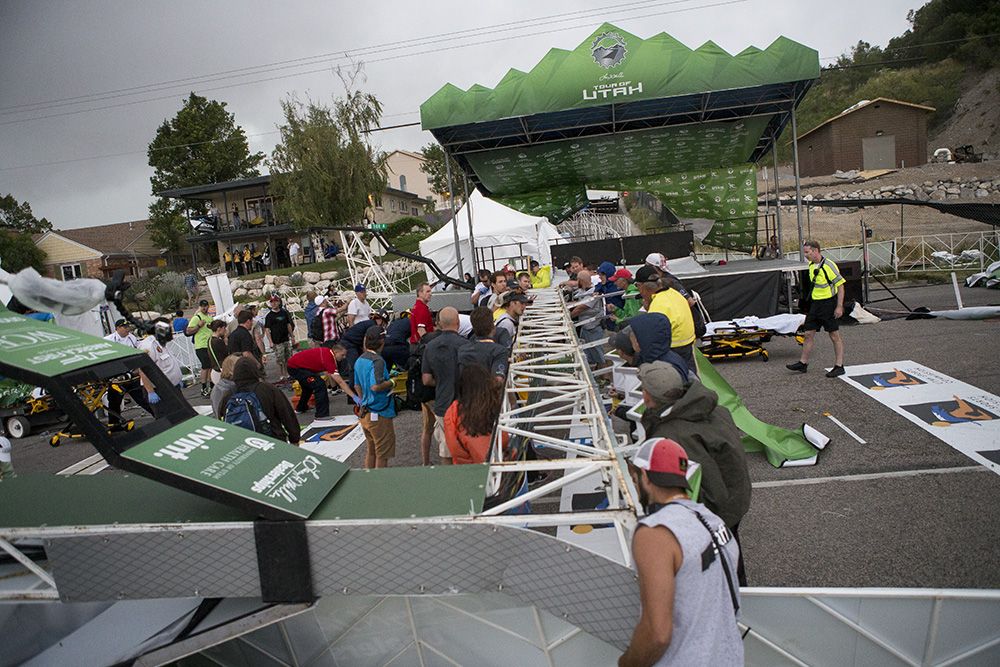 The finish line truss at the Tour of Utah's stage 5 lays across the road after high winds blew it down during the awards ceremony.