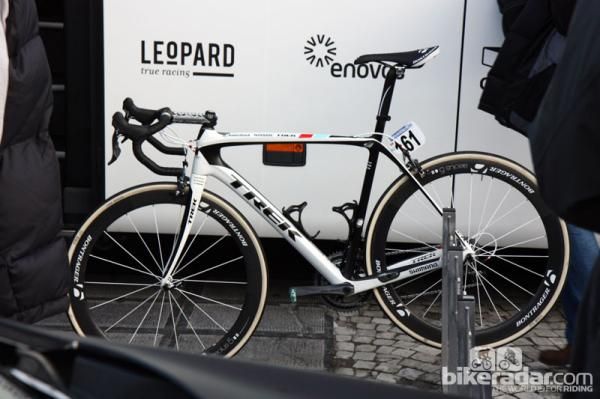 Fabian Cancellara (Radioshack-Nissan-Trek) rode the new Trek Domane at Ronde van Vlaanderen but he gets his own special geometry with a much lower front end than on consumer bikes.