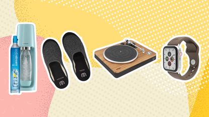 a pink and yellow composite image showing some of the best eco-friendly gifts – including slippers, turntable, sodastream and apple watch strap 