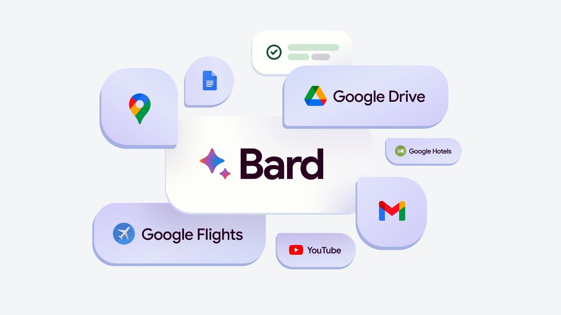 Google Bard logo with other Google service logos around it, provided by Google