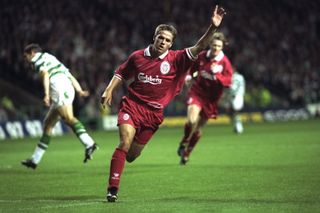 Michael Owen celebrates a goal for Liverpool against Celtic in September 1997.