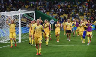 Sweden players applaud their fans after defeat to Germany in the final of the women's football tournament at the 2016 Olympics in Rio de Janeiro.