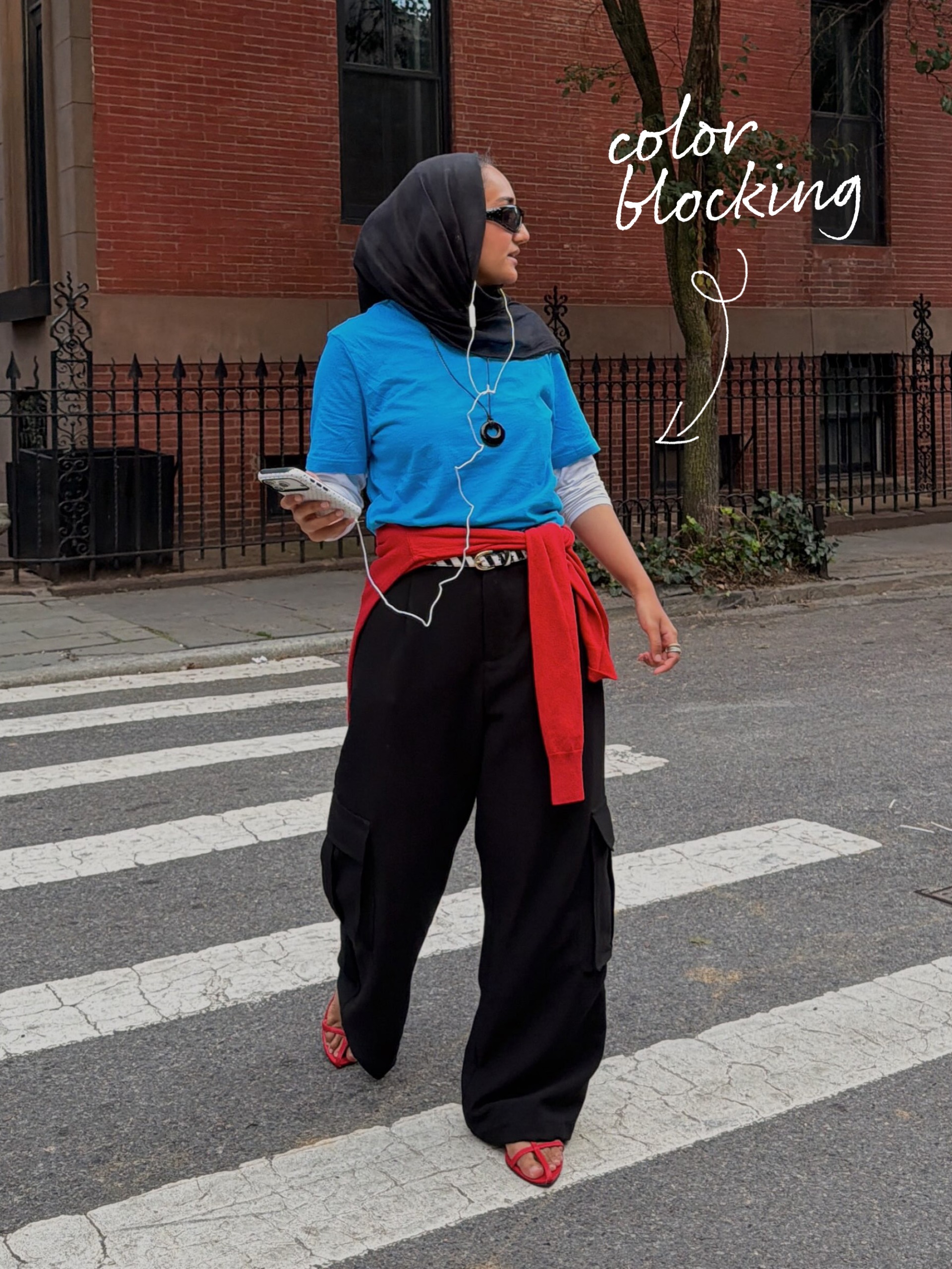 Gen Z fashion person wearing color-blocked outfit.