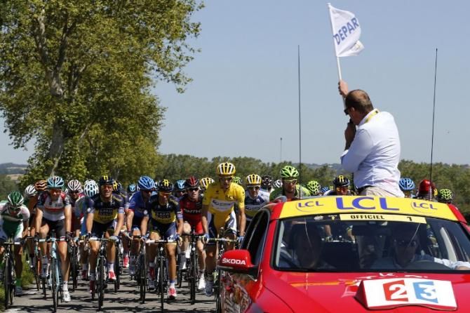 Daryl Impey (Orica-GreenEdge) at the front as the flag is about to be dropped for stage 8
