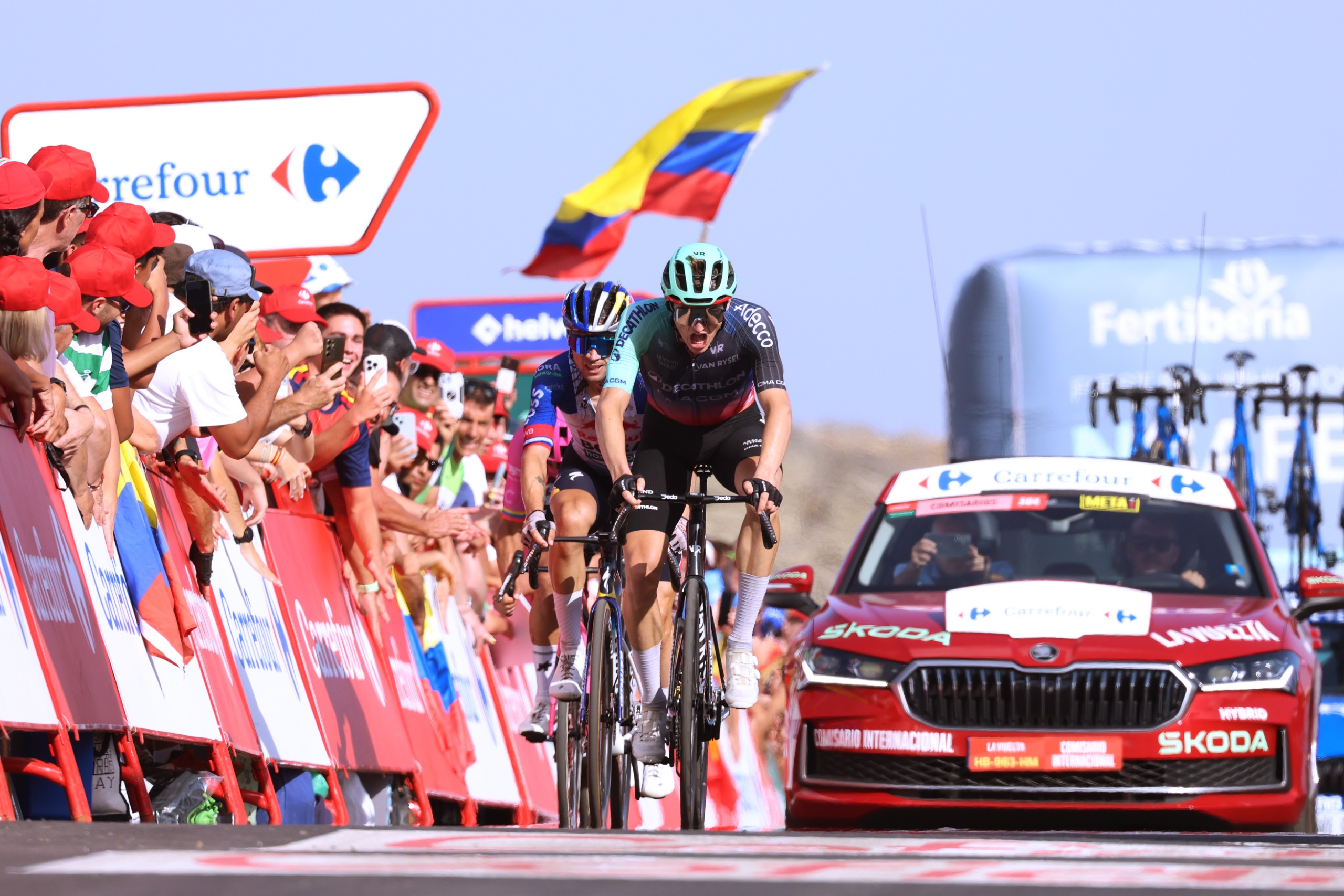 Felix Gall finishes stage 12 of the 2026 Vuelta a Espana ahead of Primoz Roglic