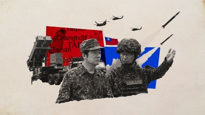 Photo collage of Lai Ching-te and Taiwanese military vehicles and missiles