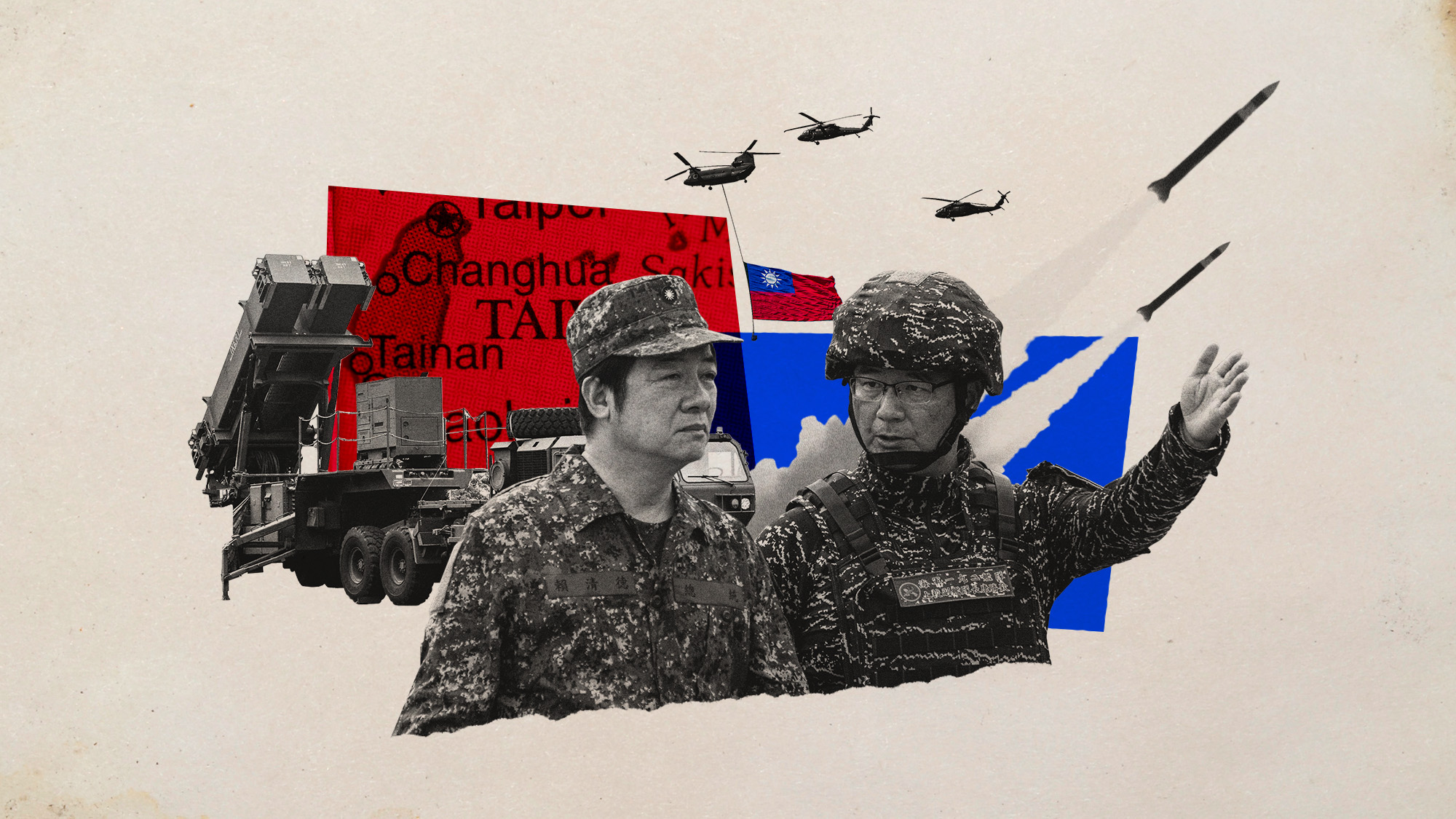 Photo collage of Lai Ching-te and Taiwanese military vehicles and missiles