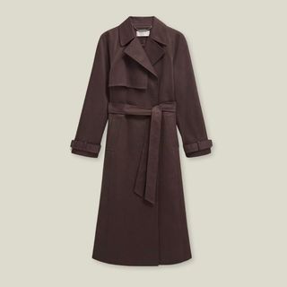 A cutout of a brown trench coat by Hobbs against a beige background