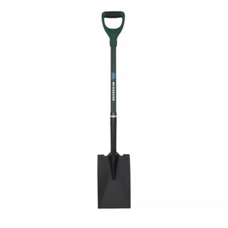 A garden spade with a dark green handle with the brand name written on it, and a black spade bottom