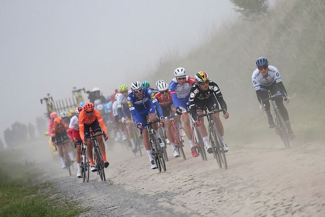 Mitchelton-Scott's Matteo Trentin (right) in the thick of the action at the 2019 Paris-Roubaix
