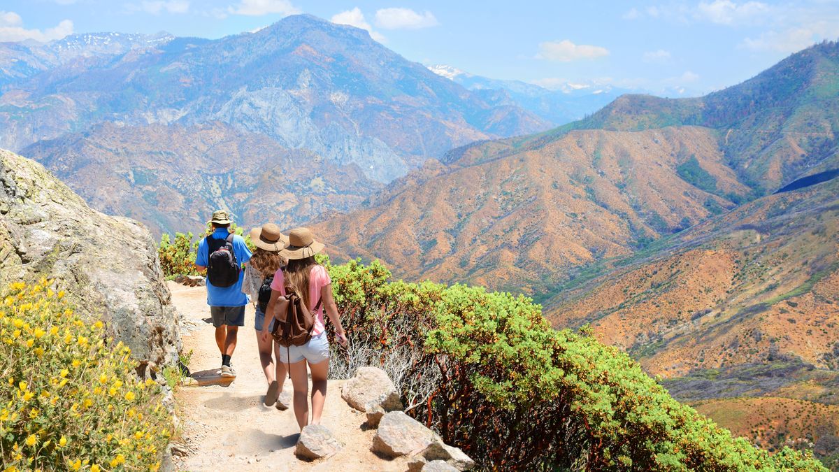 Family on vacation hiking in the mountains