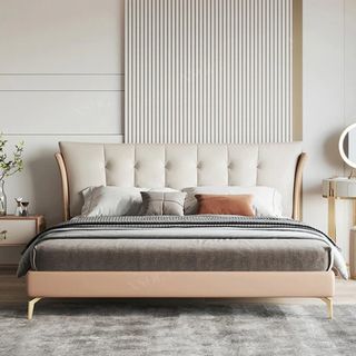 Leather upholstered bed frame with thick, sloping headboard