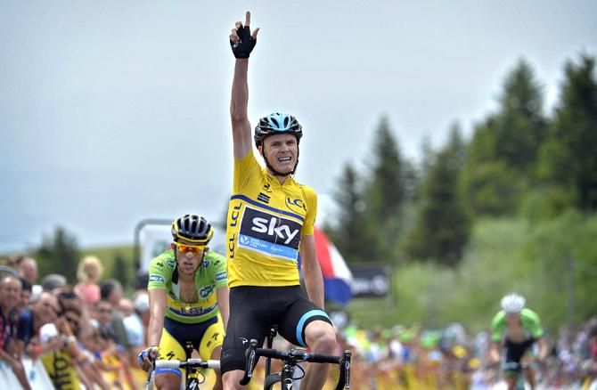 Chris Froome (Team Sky) wins atop the Col du Beal during stage two