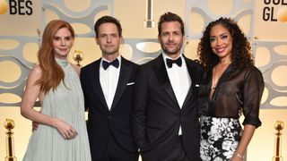 Patrick J. Adams, Gabriel Macht, Sarah Rafferty and Gina Torres come together on stage at the Golden Globes to present the award for best drama series