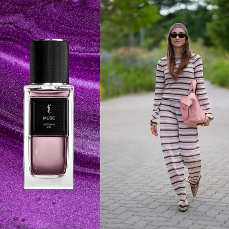 A woman wearing a purple, striped, 2-piece set and holding a pink bag. She is next to a bottle of YSL's Muse. 