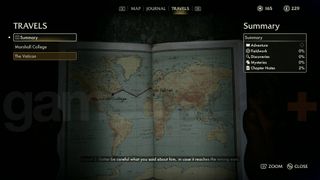 Indiana Jones and the Great Circle travels tab of journal with world map marked with Marshall College and the Vatican