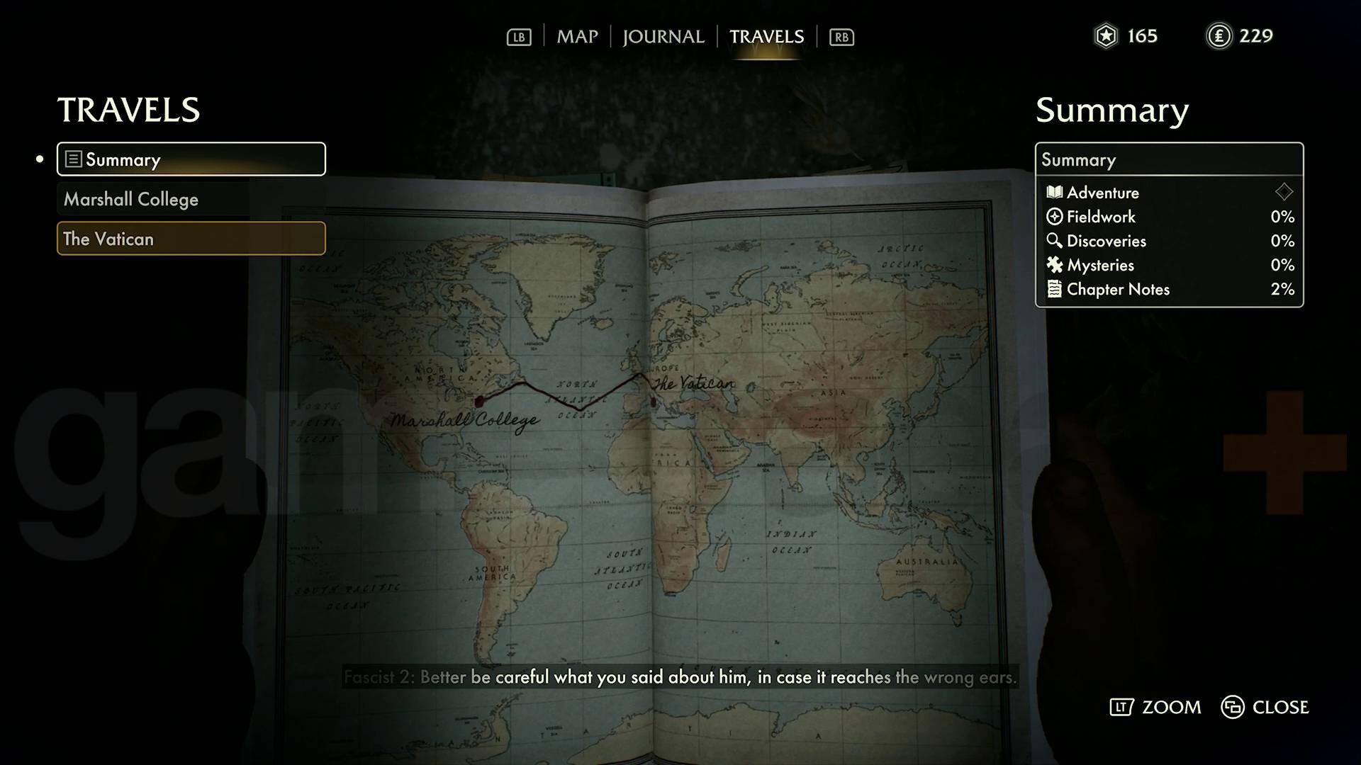 Indiana Jones and the Great Circle travel journal tab with a world map marked Marshall College and the Vatican