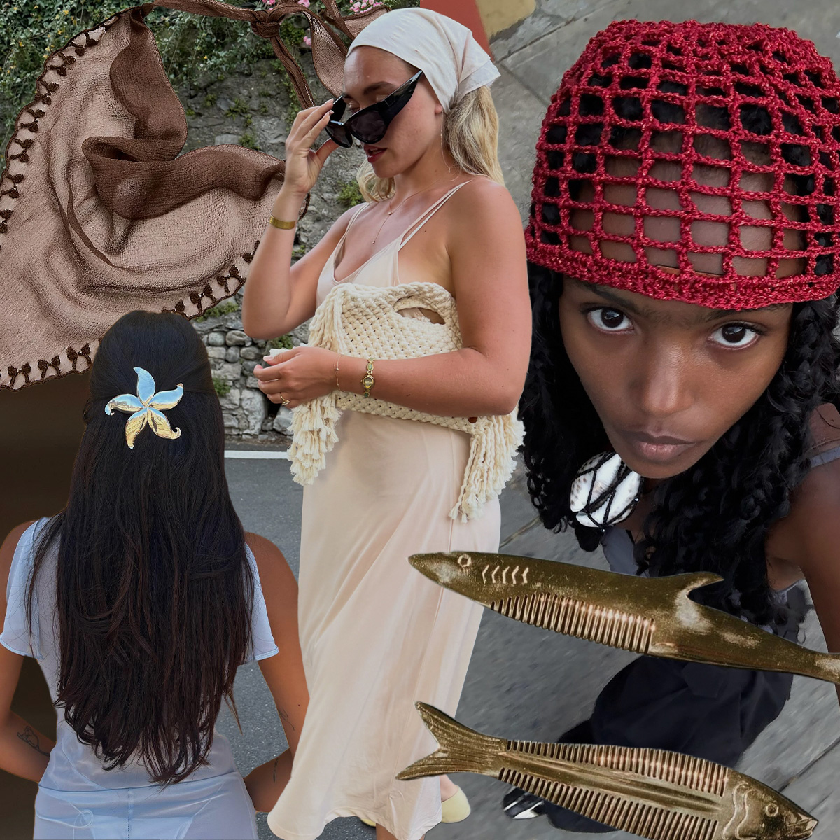 A collage of people wearing hair accessories.