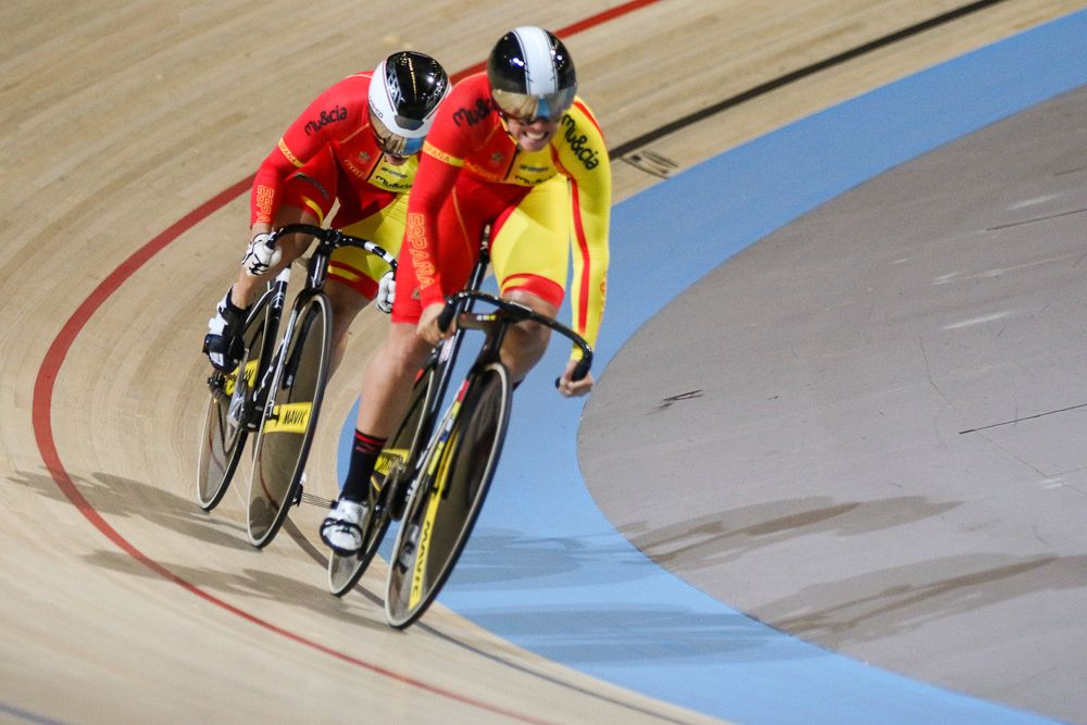 Team of Spain competes in the Women's Team Sprint on day one fo the UCI Track World Cup at Omnisport Apeldoorn