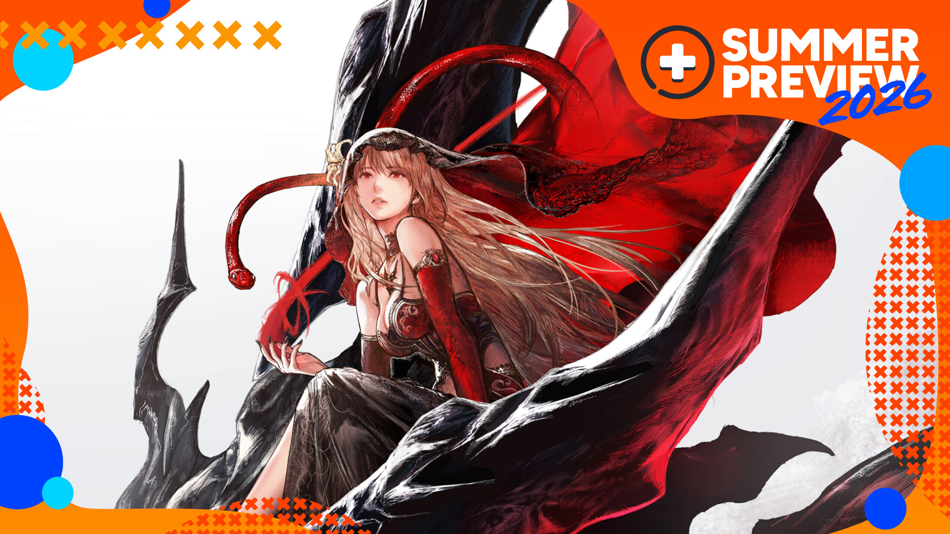 Key art for Final Fantasy Resonance showing a character sitting on top a black dragon, with the orange GamesRadar+ Summer Preview 2026 frame