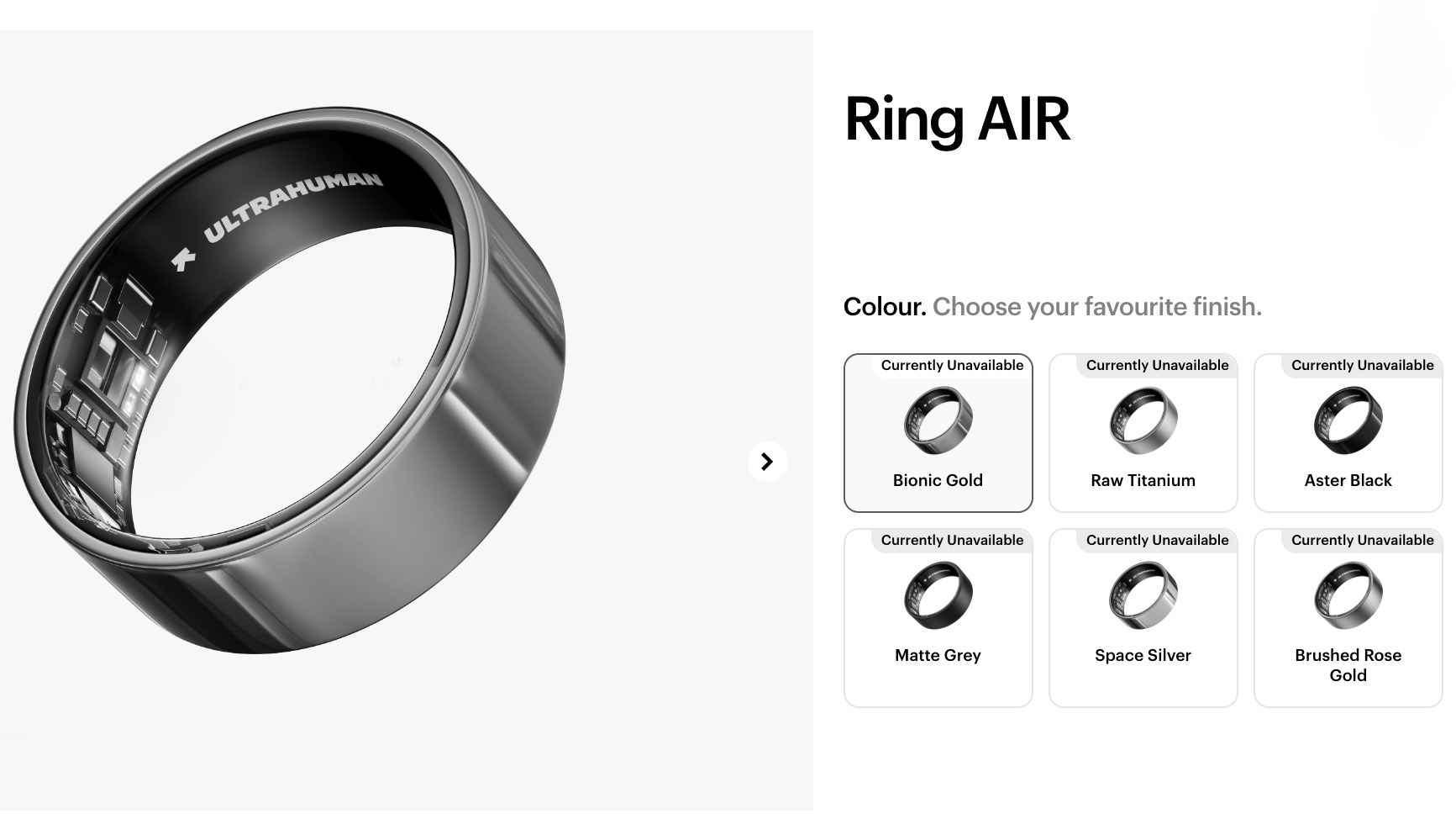 Screenshot of the Ultrahuman Ring Air product page with all models shown as unavailable