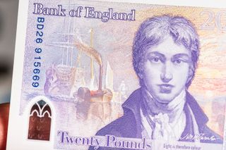 A close up of the portrait of JMW Turner on the new £20 note. The words 'Bank of England' and 'Twenty Pounds' are also visible.