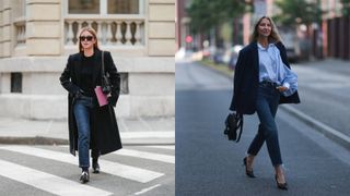 Composite image of two women wearing straight leg jeans