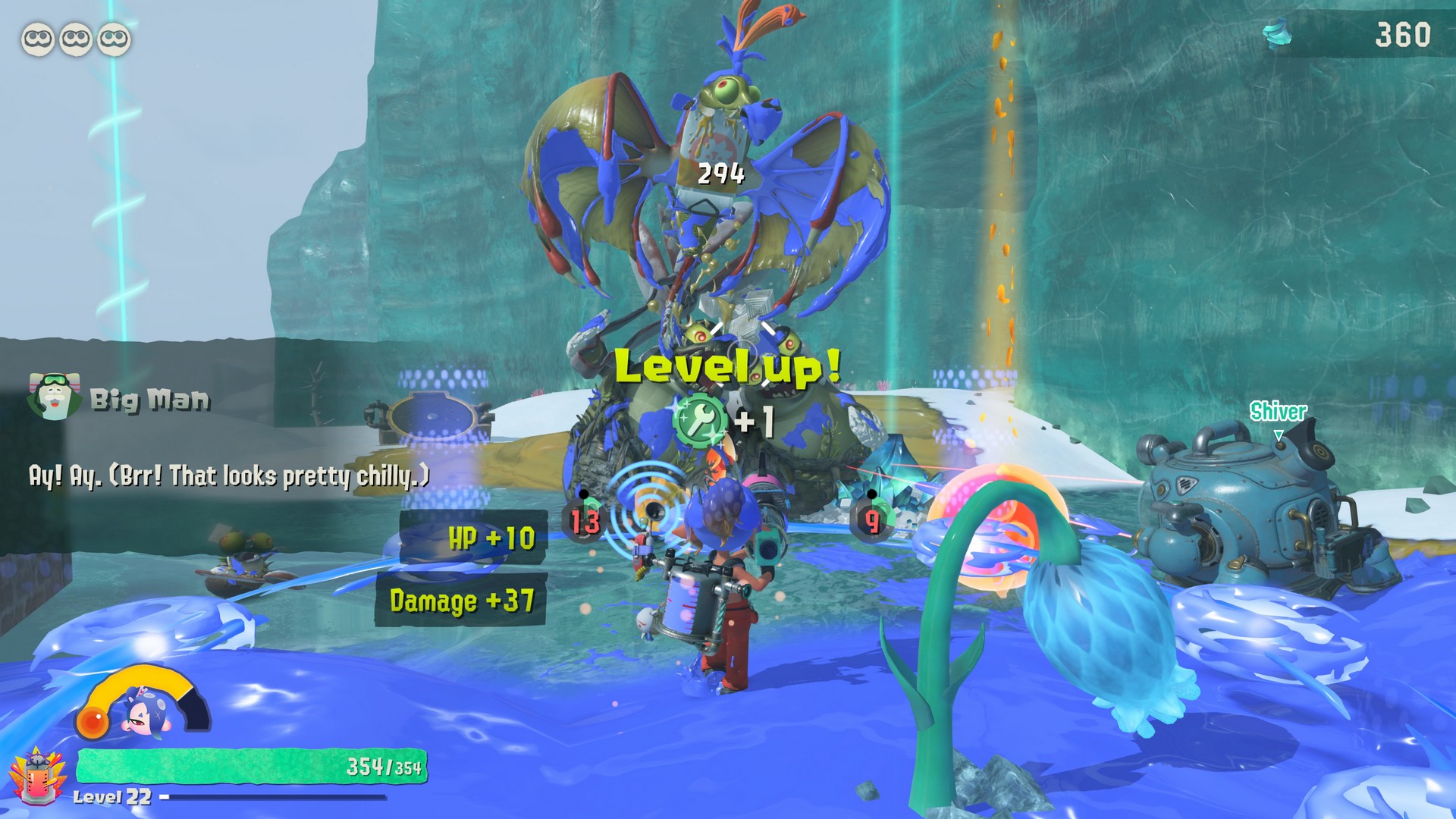 A squidling levels up while shooting at a bird in Splatoon Raiders
