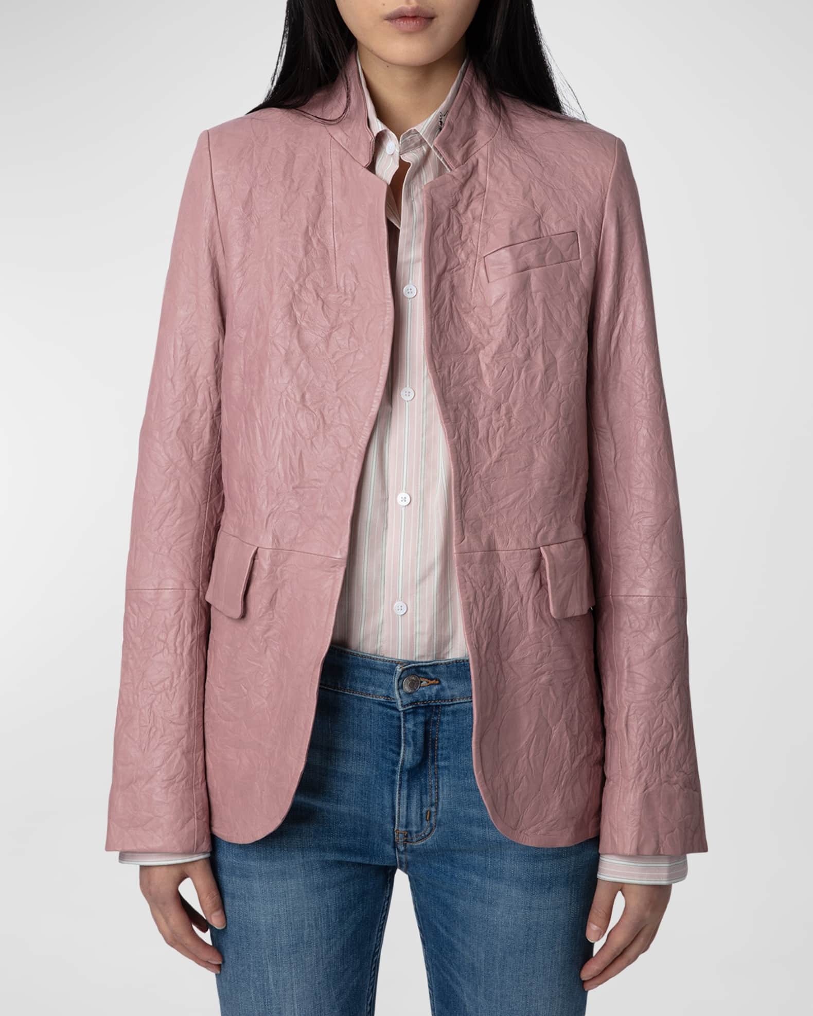 intentionally wrinkled leather blazer in dusty rose pink