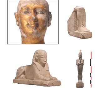The favissa contained 38 objects, including (starting at the top left and going clockwise) a male head made of gilded limestone, the lower part of the limestone statue of the god Ptah, a statuette of Osiris and a limestone sphinx.