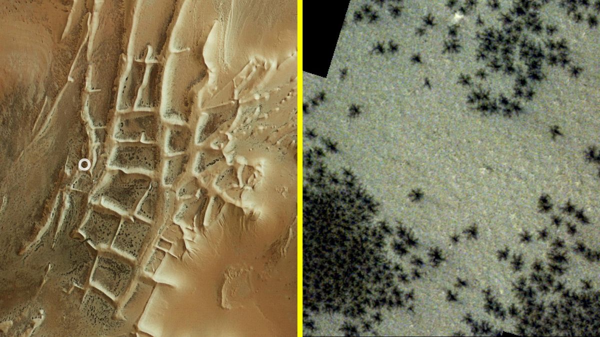 Na nových satelitních snímcích byly v tajemném „městě Inků“ na Marsu spatřeny stovky černých „pavouků“.